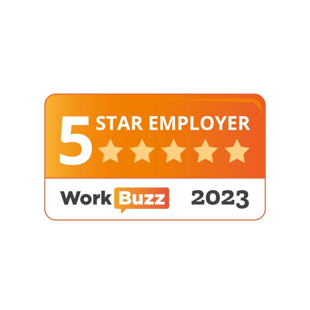 WorkBuzz 2023 5-Star Employer badge with orange and yellow gradients and star icons. - Home Instead