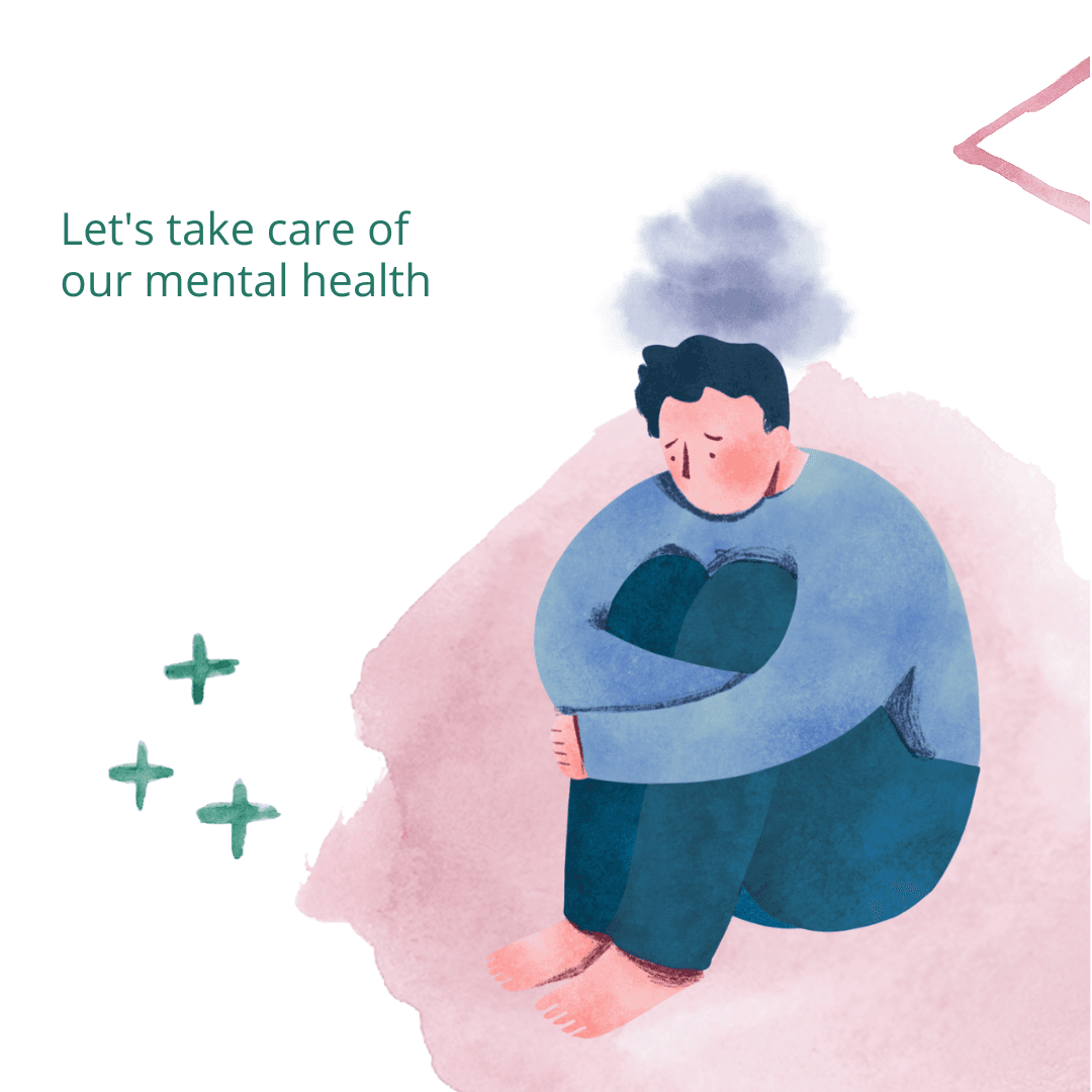 Illustration of a sad person sitting with knees up, text reads "Let's take care of our mental health. - Home Instead