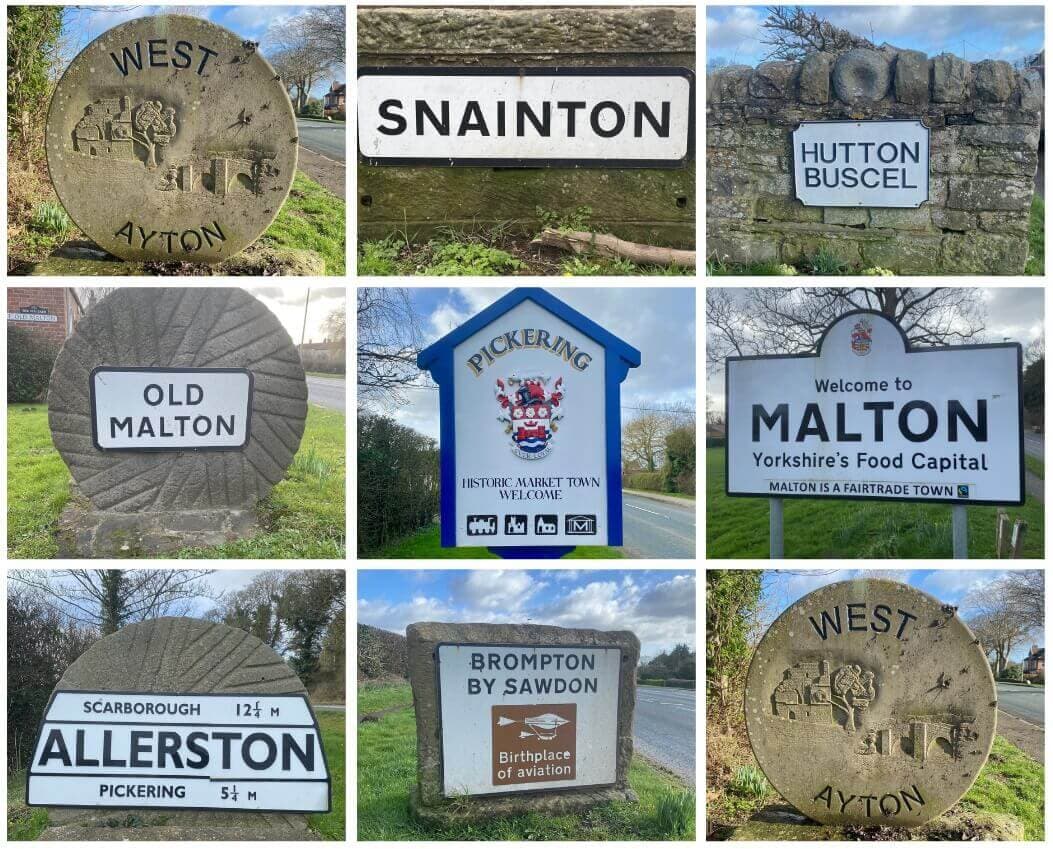 Collage of village and town signs from North Yorkshire: West Ayton, Snainton, Hutton Buscel, Old Malton, Pickering, Malton, Allerston, and Brompton by Sawdon. - Home Instead