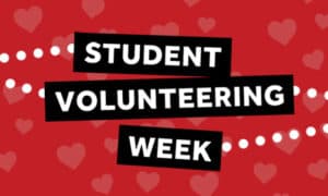 Red background with hearts and text saying "Student Volunteering Week" in bold white letters on black bars. - Home Instead