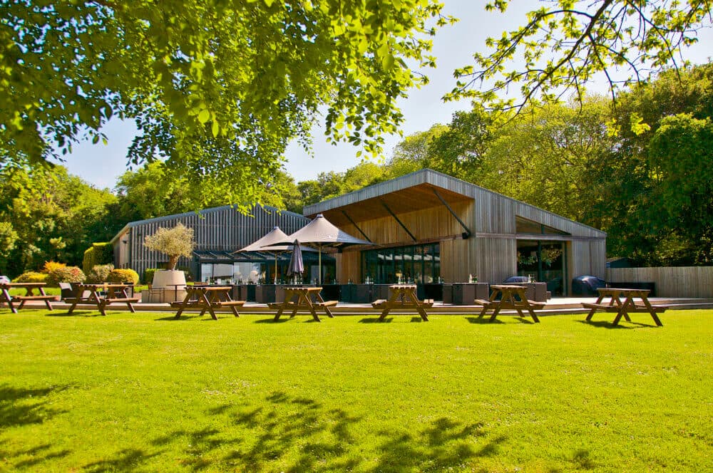Modern building with wooden exterior and outdoor seating, surrounded by lush greenery and trees on a bright day. - Home Instead