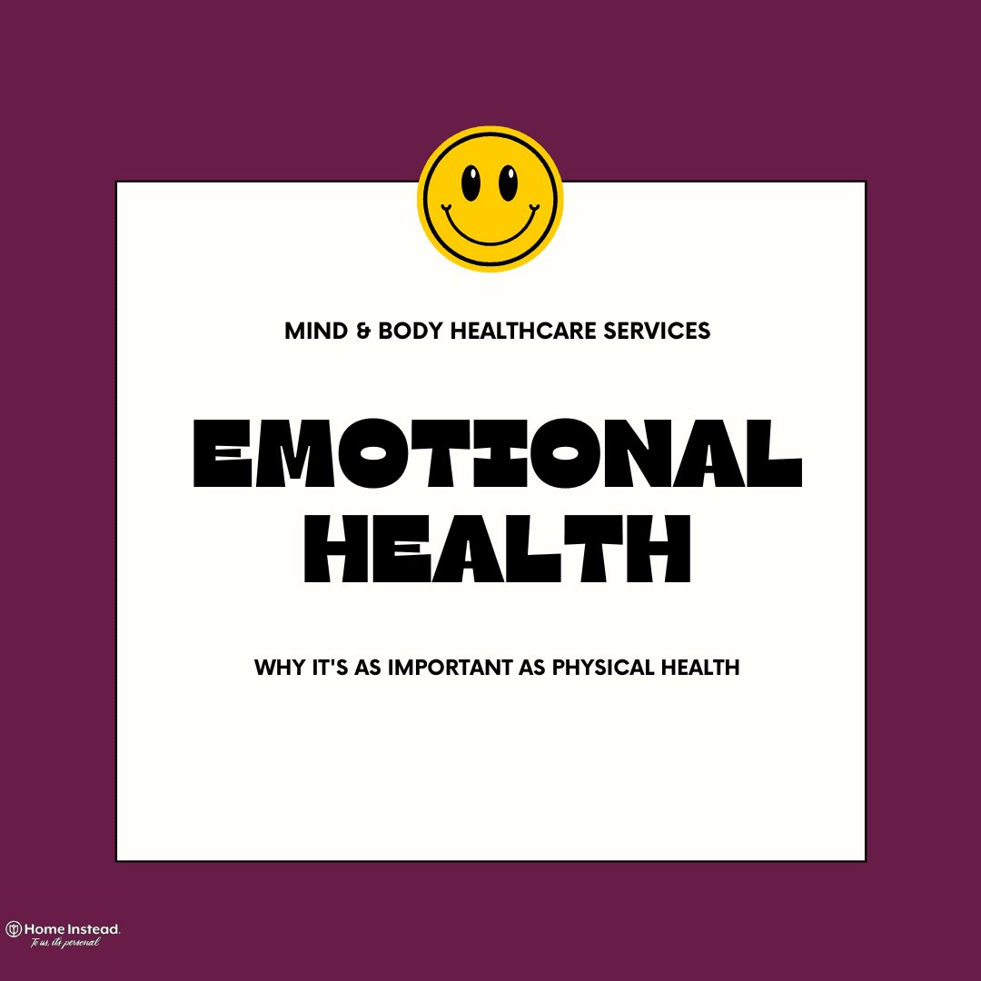 White square with "Emotional Health" text, smiley face above, on a purple background; Home Instead logo bottom left. - Home Instead