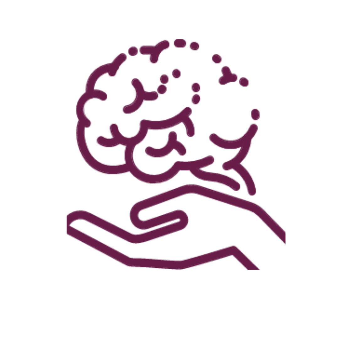 Icon of a hand cradling a brain, symbolizing support and mental health. The design is drawn in a simple, purple outline style. - Home Instead
