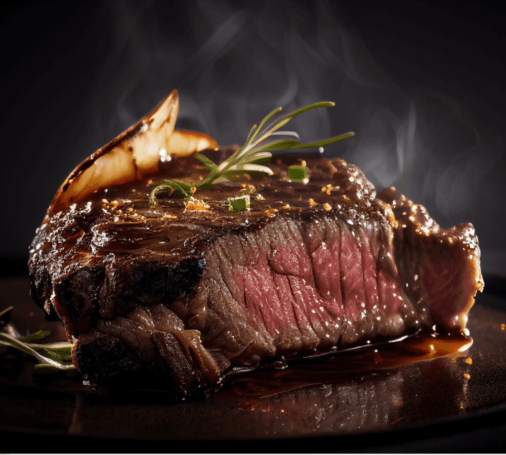 Close-up of a juicy medium-rare steak garnished with herbs, green onions, and a mushroom slice, with steam rising. - Home Instead