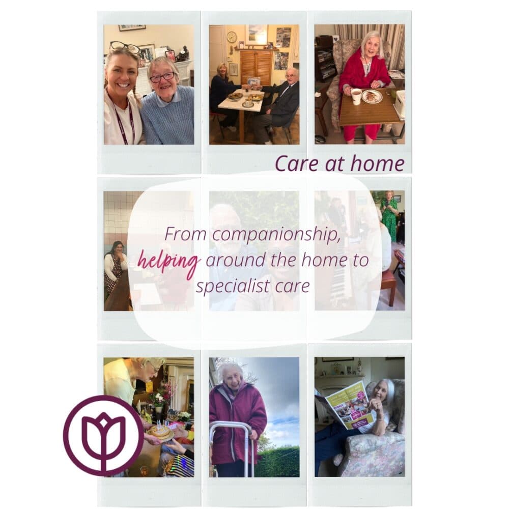 A collage of elderly people receiving care at home, with text saying "From companionship, helping around the home to specialist care. - Home Instead