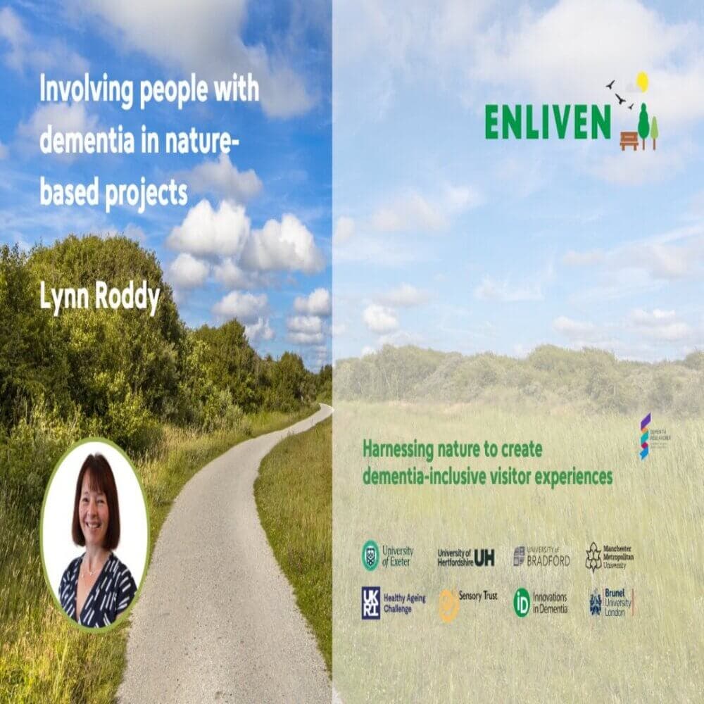 Road in nature with text promoting dementia-inclusive projects. Includes a photo of a woman and logos of related organizations. - Home Instead