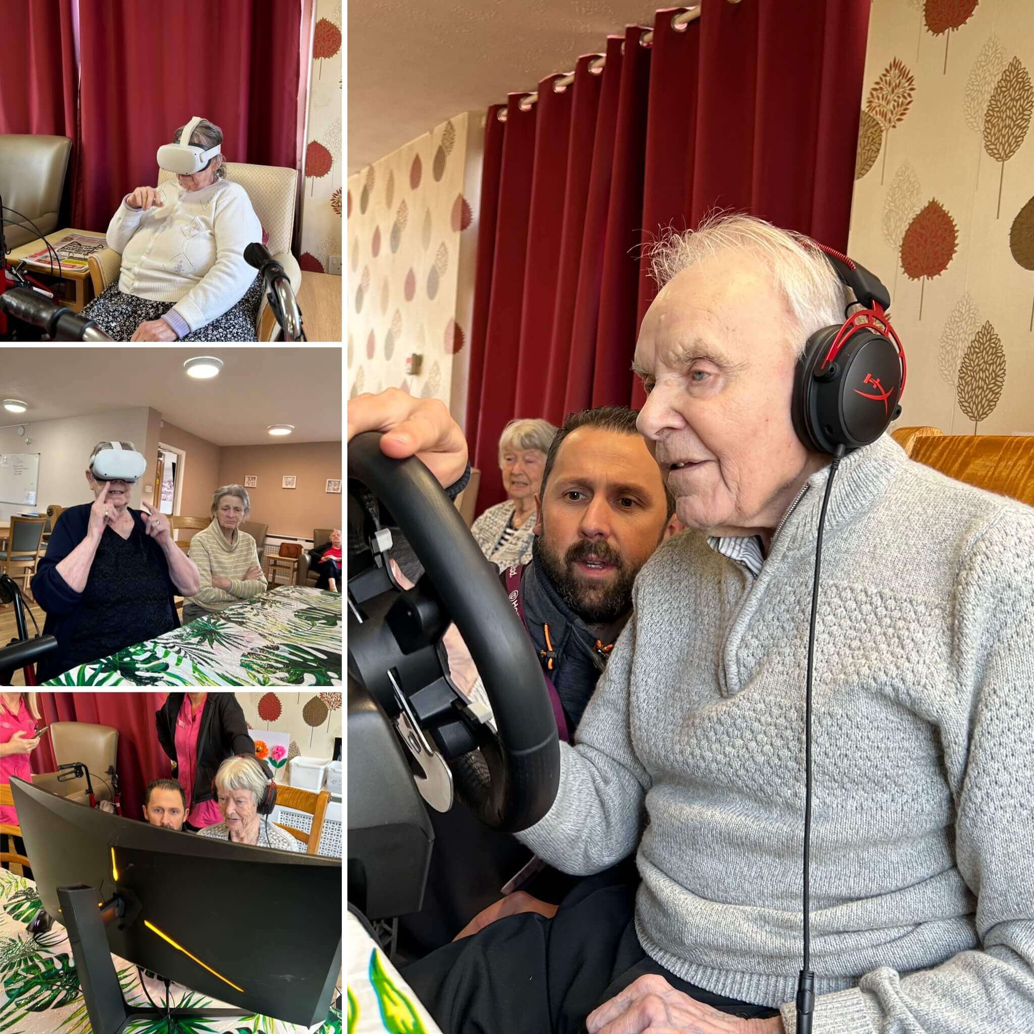 Elderly individuals engaging with VR and gaming, assisted by caretakers, in a warmly decorated room. - Home Instead