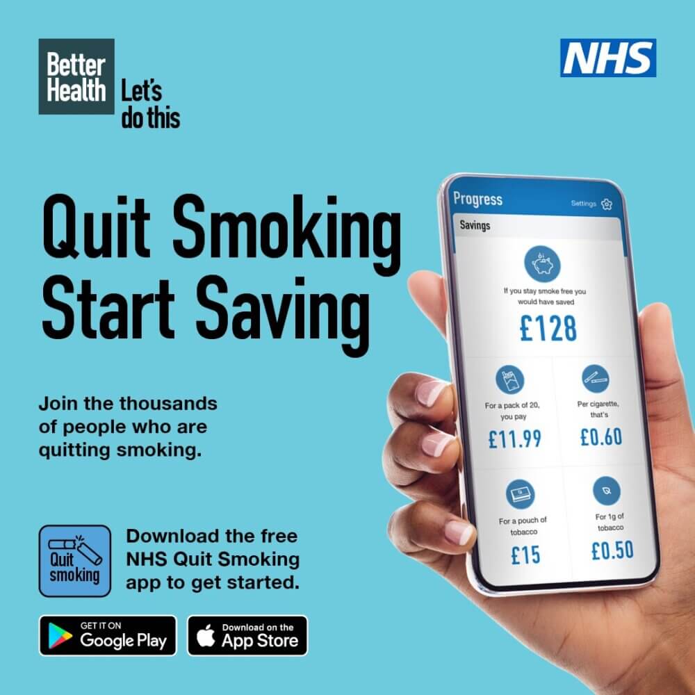 Hand holding smartphone displaying savings from quitting smoking with text promoting NHS Quit Smoking app. - Home Instead
