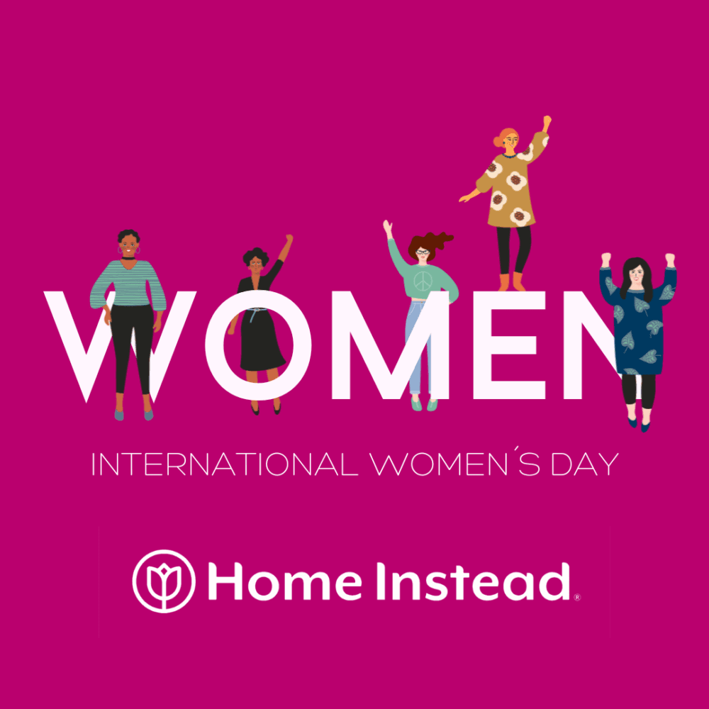 Illustration of diverse women celebrating International Women's Day with "Home Instead" logo on a pink background. - Home Instead
