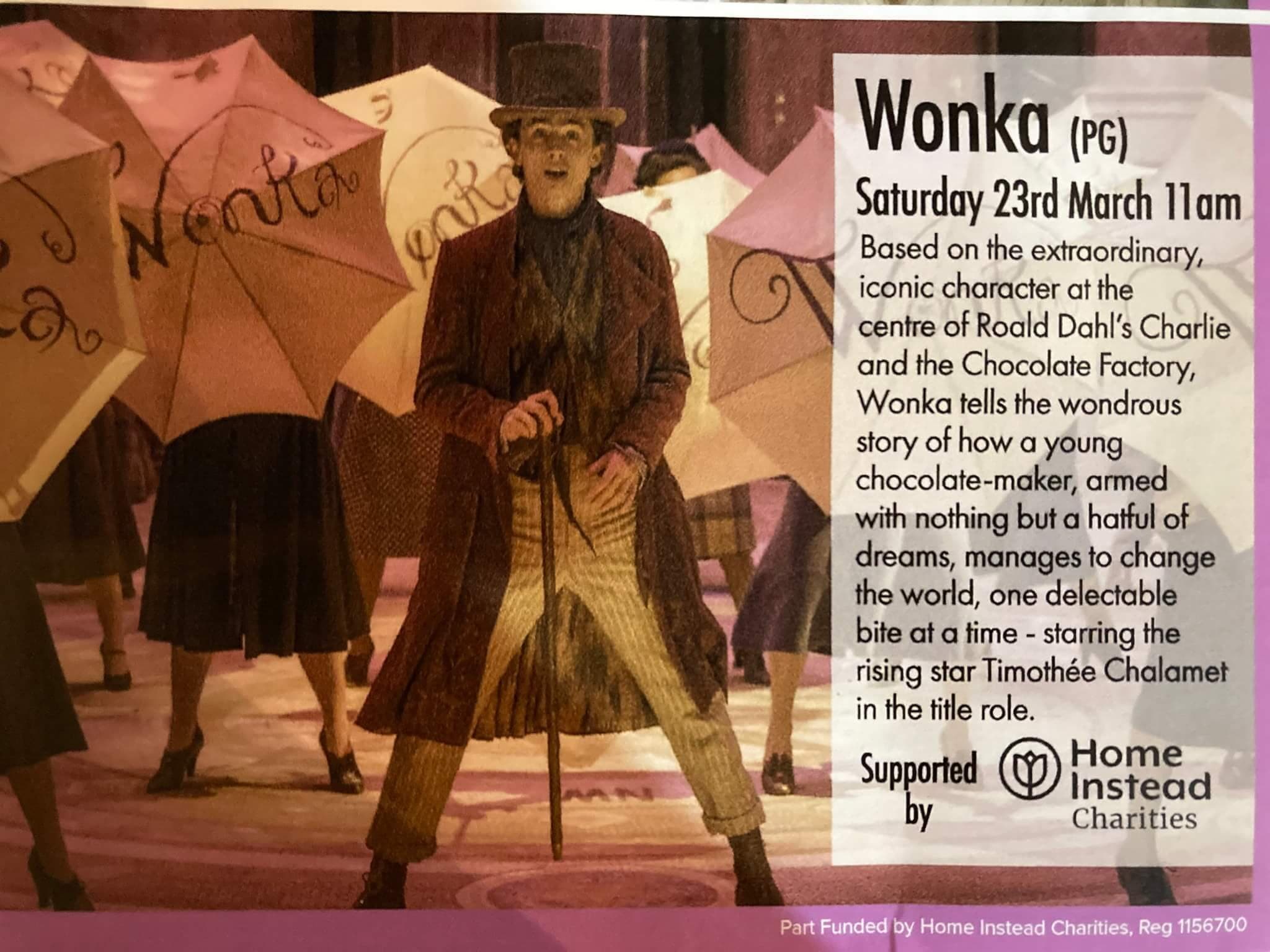 Image of a "Wonka" event poster featuring a man in Victorian attire with umbrellas in the background, scheduled for 23rd March. - Home Instead