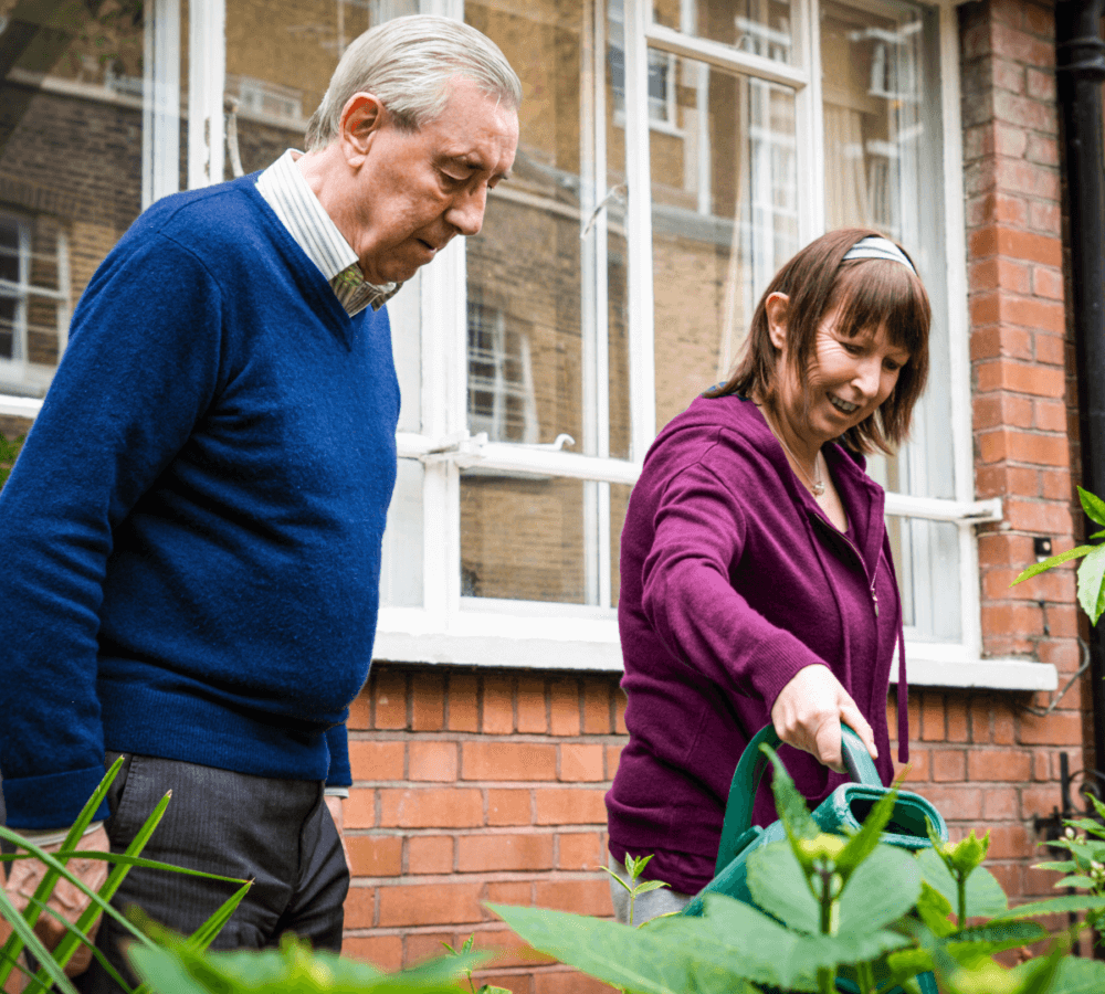 Two elderly individuals, a man in a blue sweater and a woman in a purple jacket, tending to plants in a garden. - Home Instead Southampton