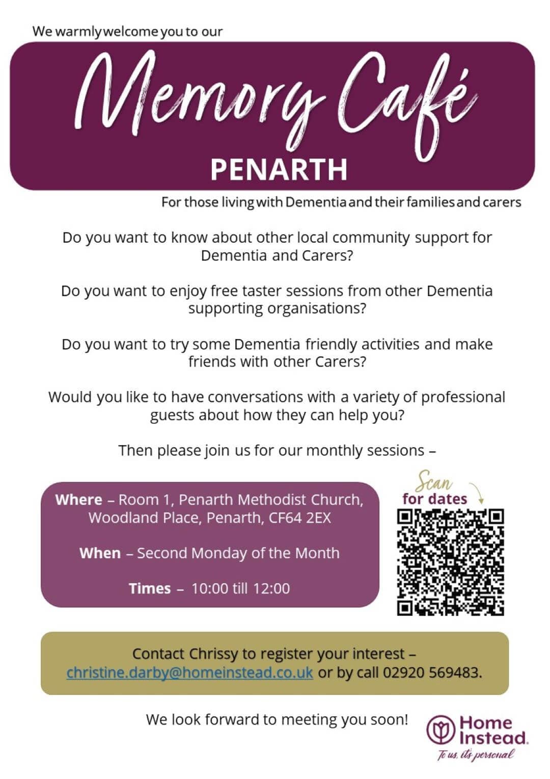 Flyer for Memory Café Penarth, offering support and activities for those with dementia and their carers. - Home Instead