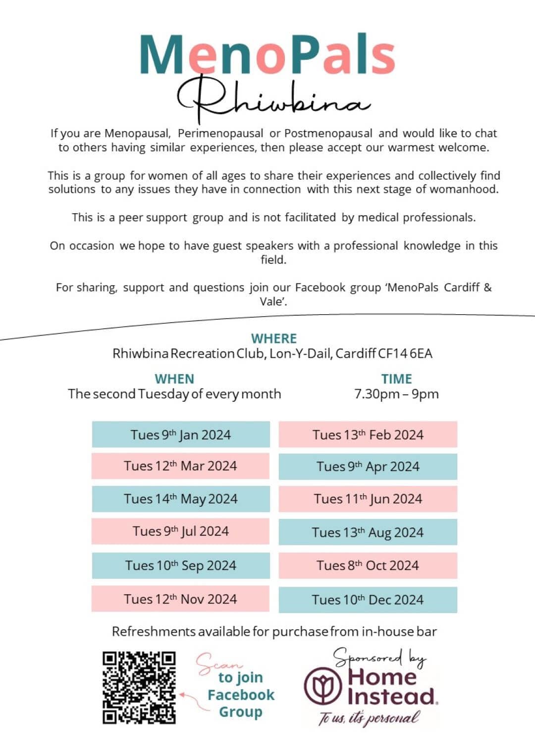 Flyer for MenoPals group meetings in Rhiwbina, Cardiff. Monthly sessions on the second Tuesday from 7:30pm to 9pm in 2024. - Home Instead