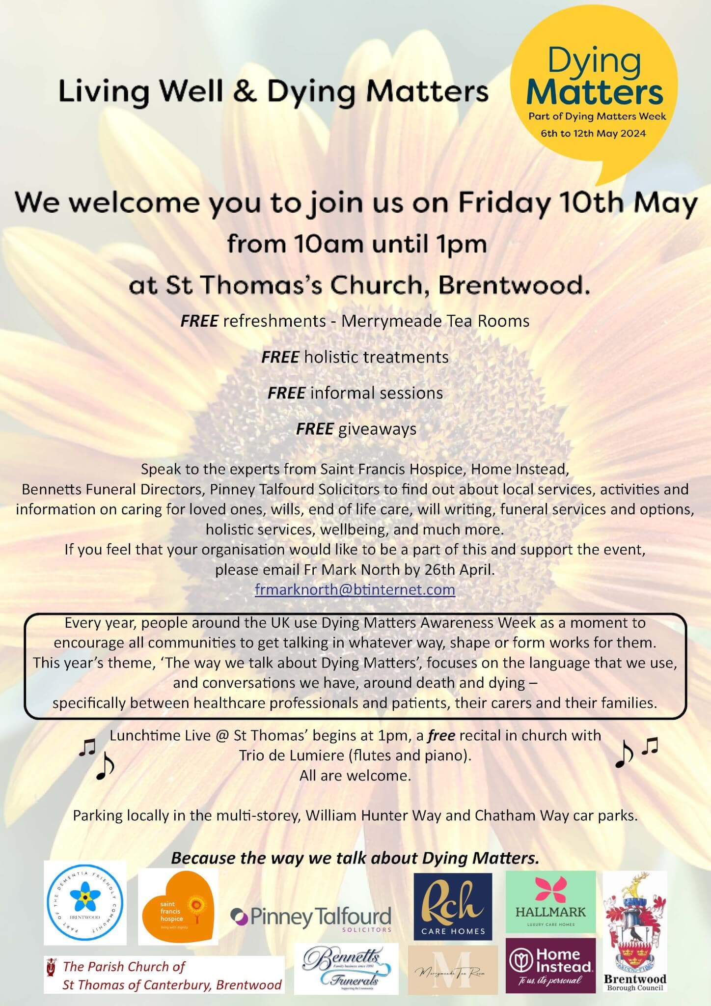 Poster for "Living Well & Dying Matters", an event on 10th May, 10am-1pm at St Thomas's Church, Brentwood, with activities and talks. - Home Instead
