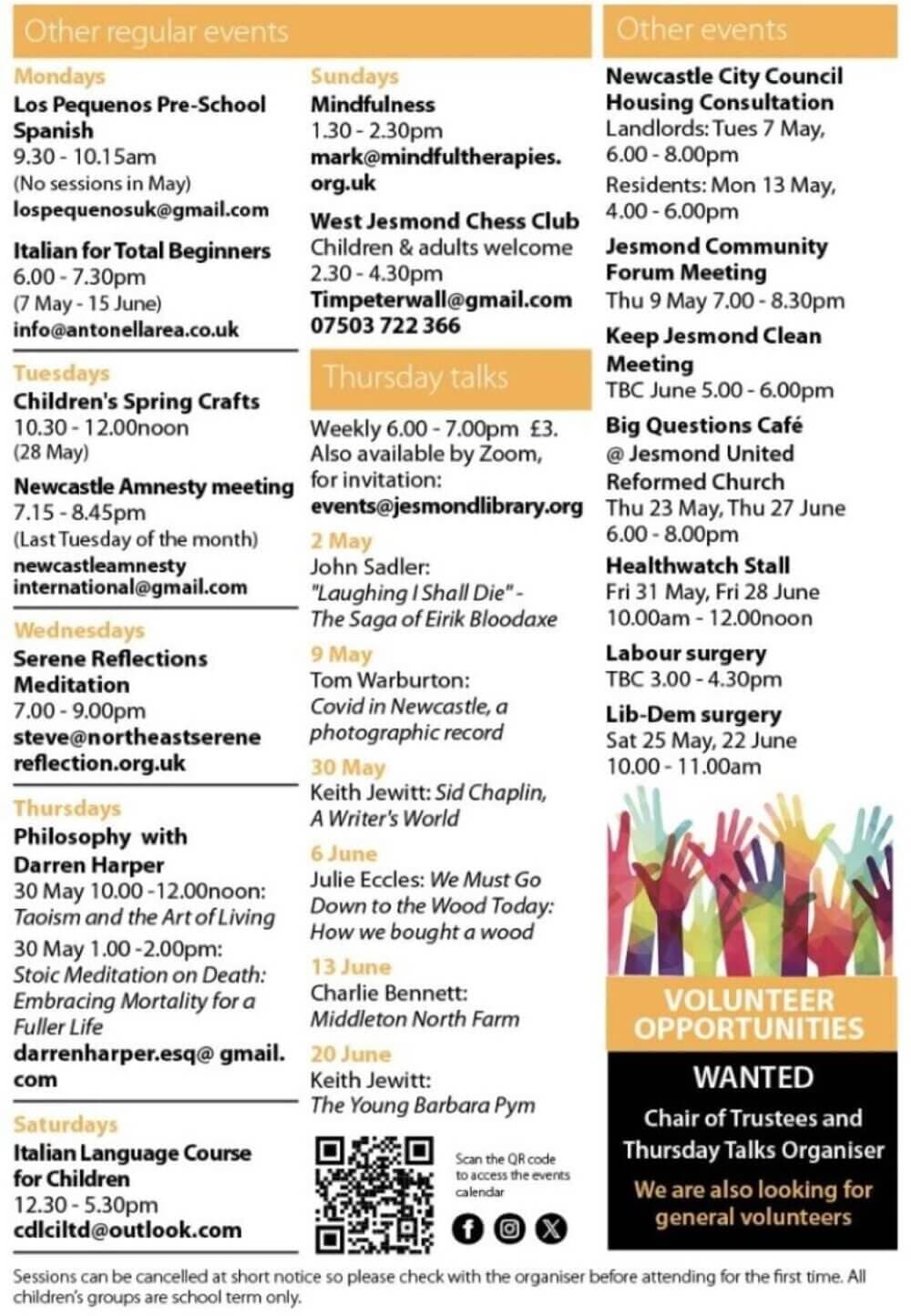 A flyer containing a schedule of various community events, classes, and volunteer opportunities in Newcastle. - Home Instead