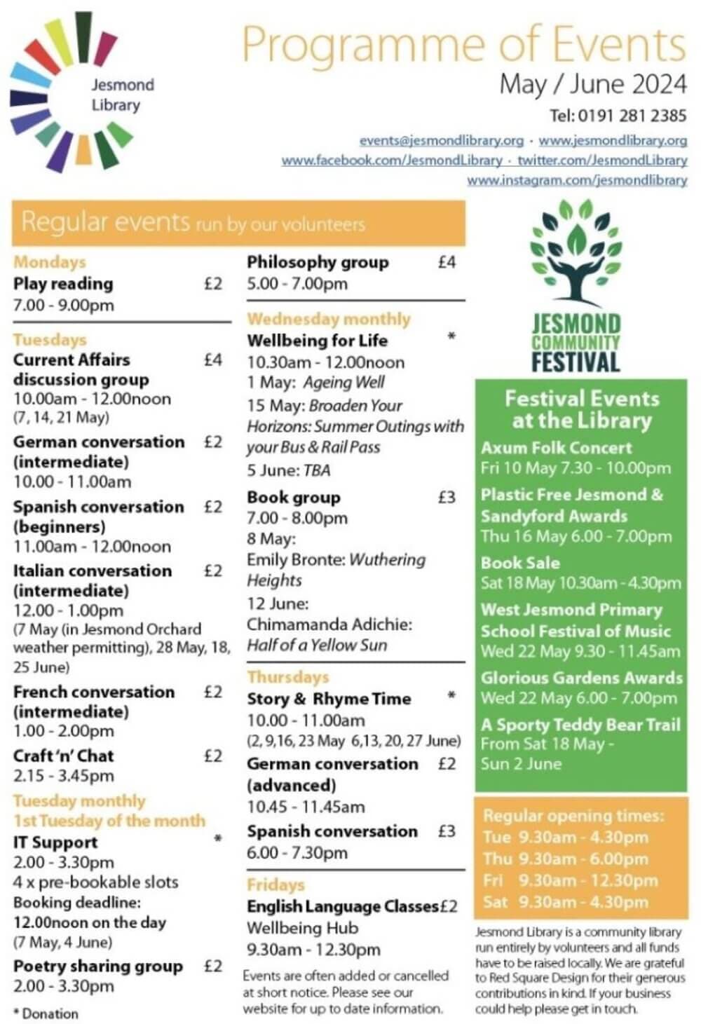 Programme of events for Jesmond Library May/June 2024 with details of regular activities and festival events. - Home Instead