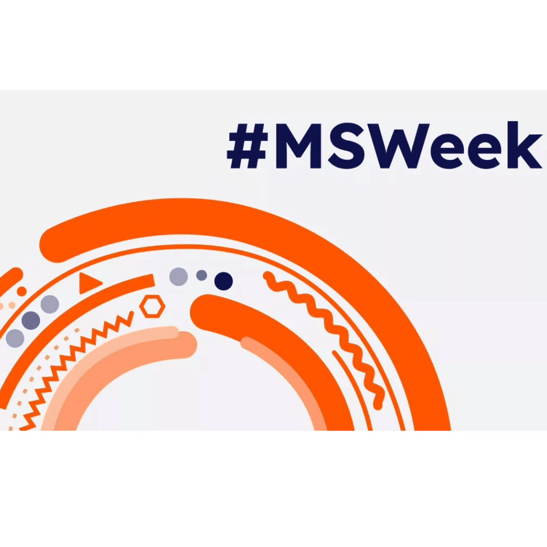 #MSWeek text with orange and blue abstract circular pattern on a white background. - Home Instead