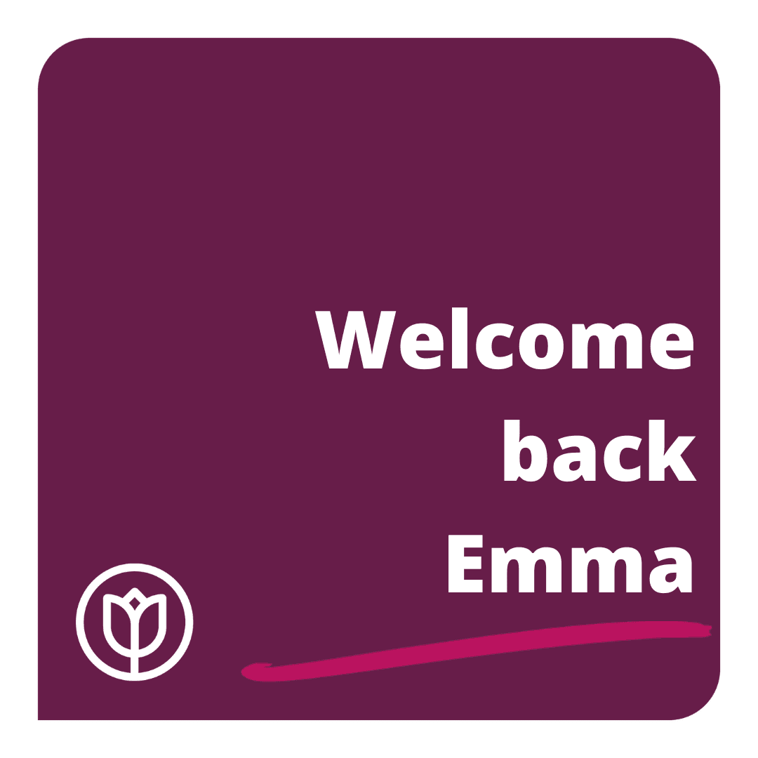 Square purple graphic with the text "Welcome back Emma" and a white tulip icon in the bottom left corner. - Home Instead