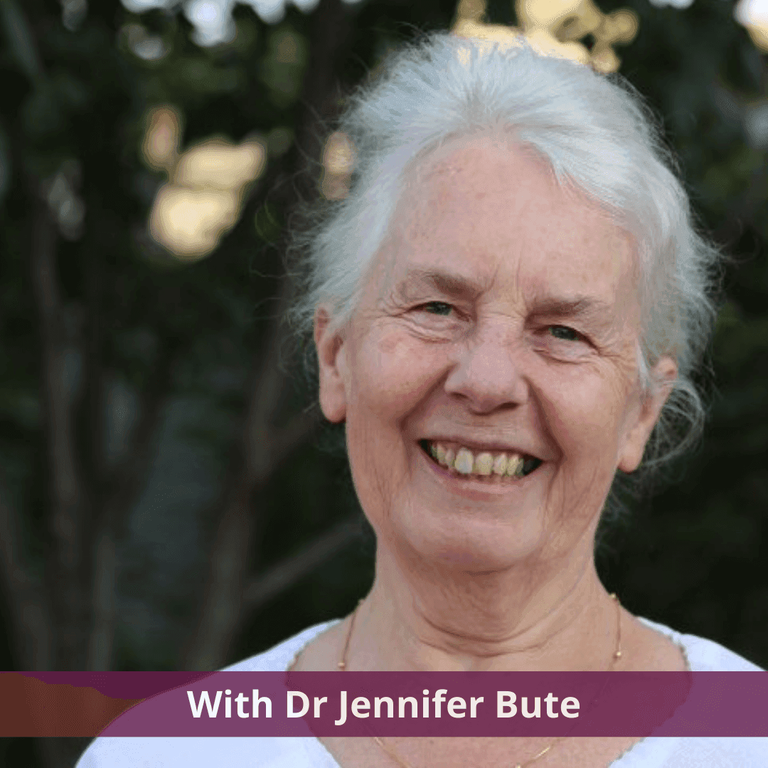 Smiling woman with white hair stands outdoors; text below reads "With Dr Jennifer Bute. - Home Instead