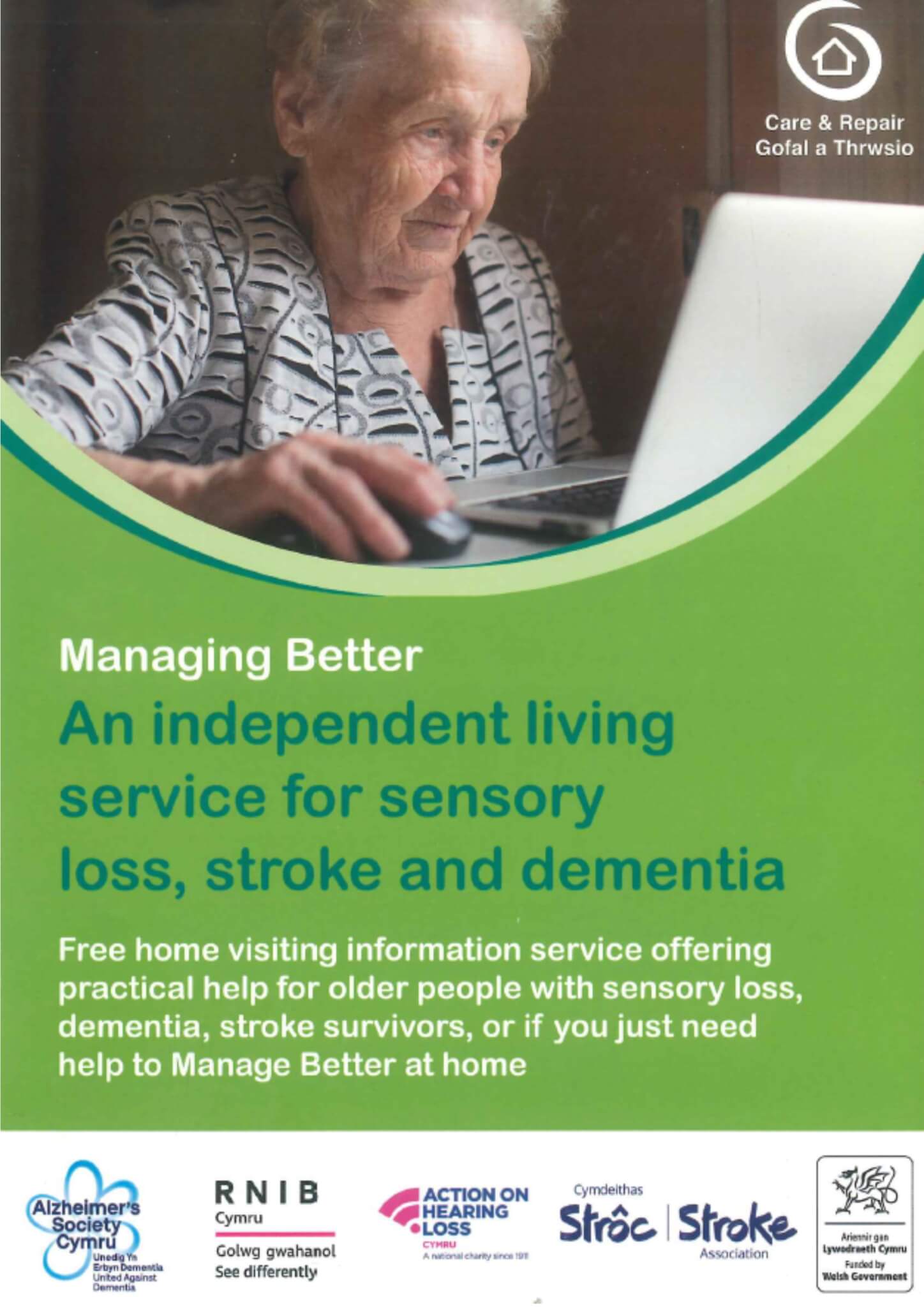 An elderly woman uses a tablet. Text reads "Managing Better: An independent living service for sensory loss, stroke, and dementia. - Home Instead