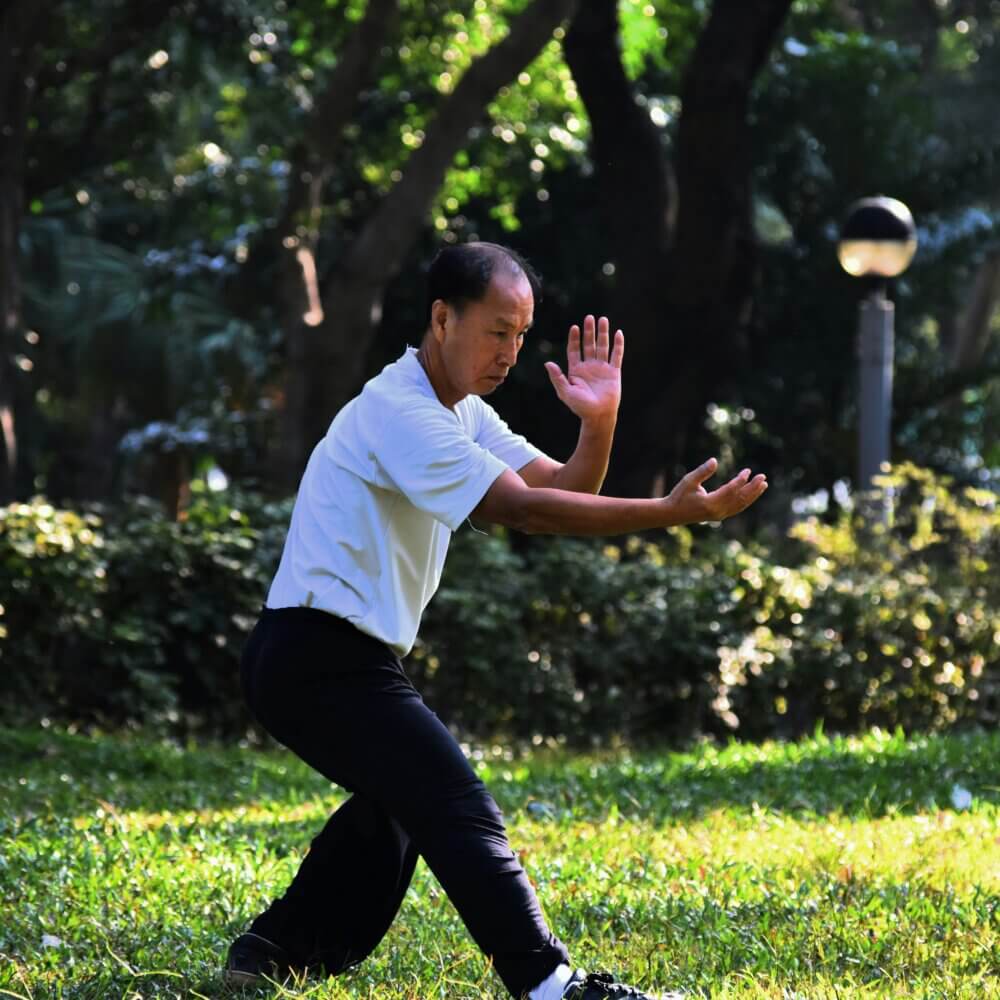 A person practicing Tai Chi in a park, surrounded by trees and greenery, in the sunlight. - Home Instead