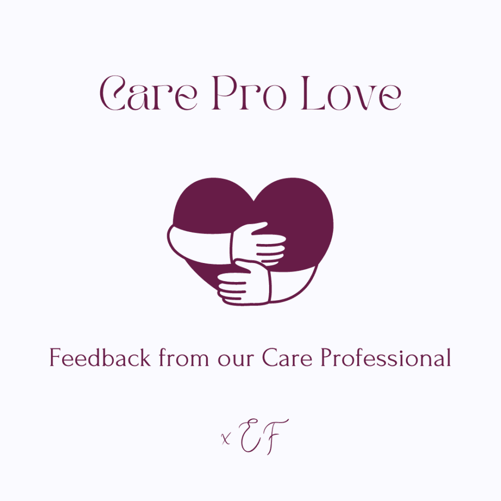 Illustration of a heart being hugged with text: "Care Pro Love, Feedback from our Care Professional, x EF. - Home Instead