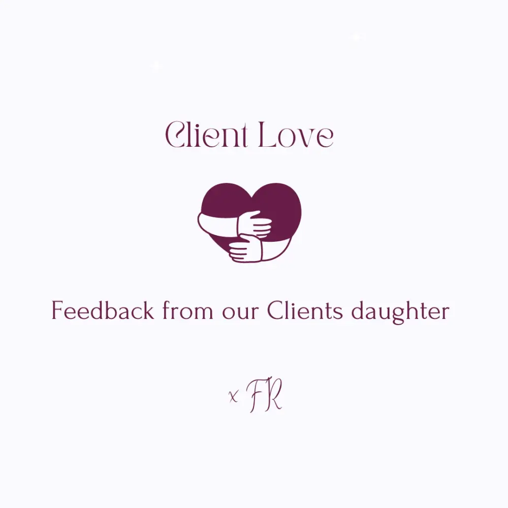 Image with the text "Client Love," an illustration of a heart with hugging arms, and "Feedback from our Client's daughter x FR. - Home Instead