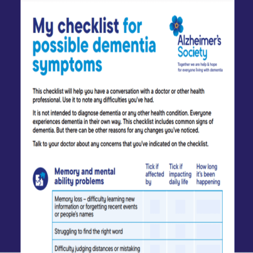 A checklist for possible dementia symptoms from the Alzheimer's Society, featuring memory and mental ability questions. - Home Instead