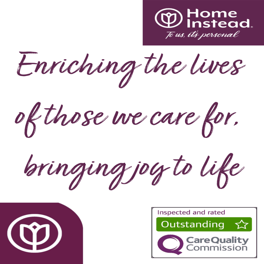 Home Instead promotional image with text reading, "Enriching the lives of those we care for, bringing joy to life," and quality ratings included. - Home Instead