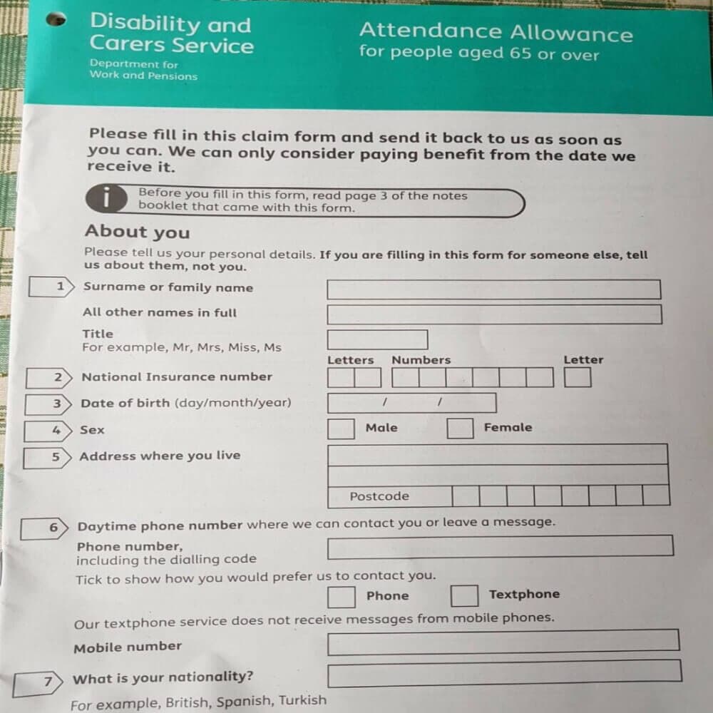 Application form for Attendance Allowance; it includes fields for personal details, contact information, and nationality. - Home Instead