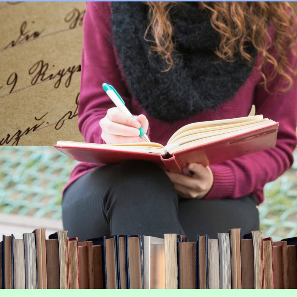 A person writing in a journal with a pen, wearing a scarf and maroon top, surrounded by books. - Home Instead