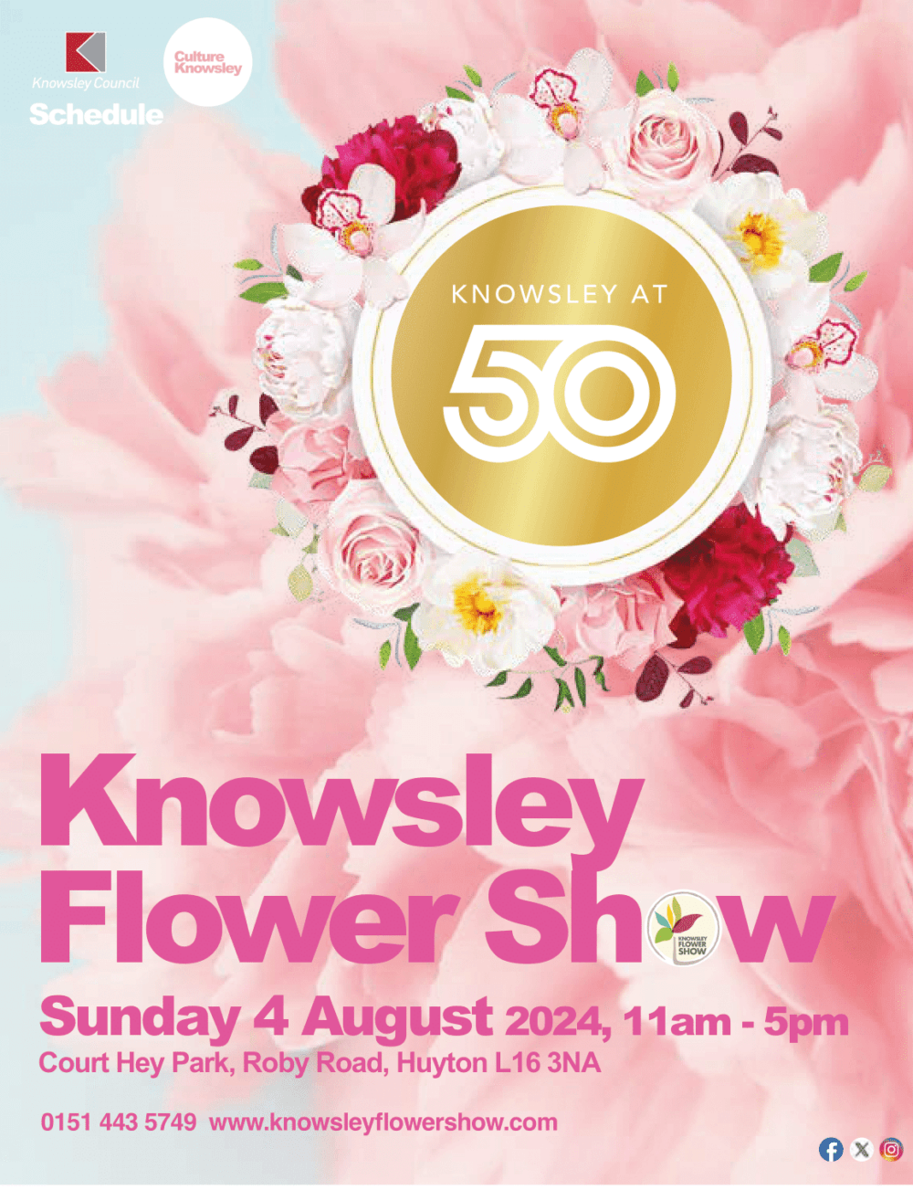 Poster for the Knowsley Flower Show highlighting its 50th anniversary, happening on August 4, 2024, in Court Hey Park. - Home Instead