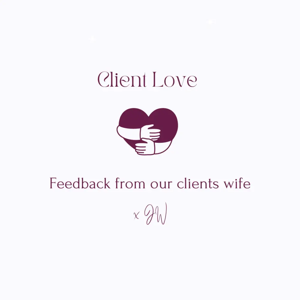 Client Love" graphic with text "Feedback from our client's wife" and initials "JW" below a heart logo with hugging arms. - Home Instead
