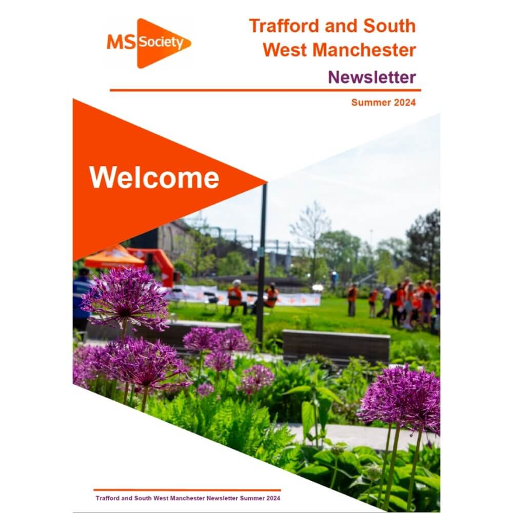 Cover page of the MS Society Trafford and South West Manchester Newsletter, Summer 2024, featuring vibrant purple flowers. - Home Instead