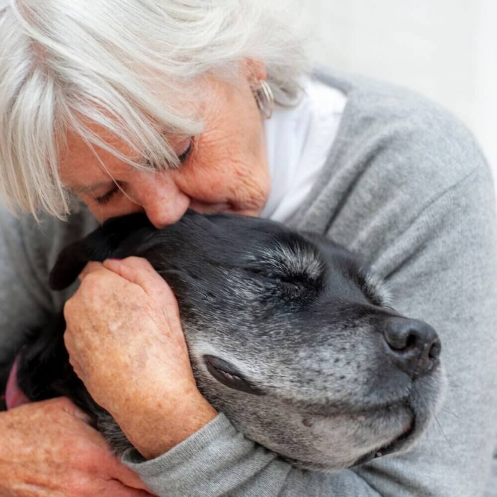 An elderly woman with white hair lovingly cuddles and kisses a large black dog with closed eyes. - Home Instead
