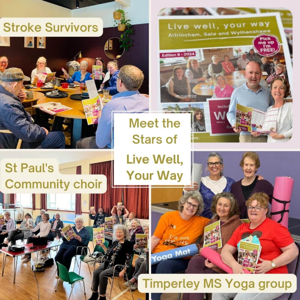 Collage of community groups holding "Live Well, Your Way" magazine, including stroke survivors, a choir, and a yoga group. - Home Instead