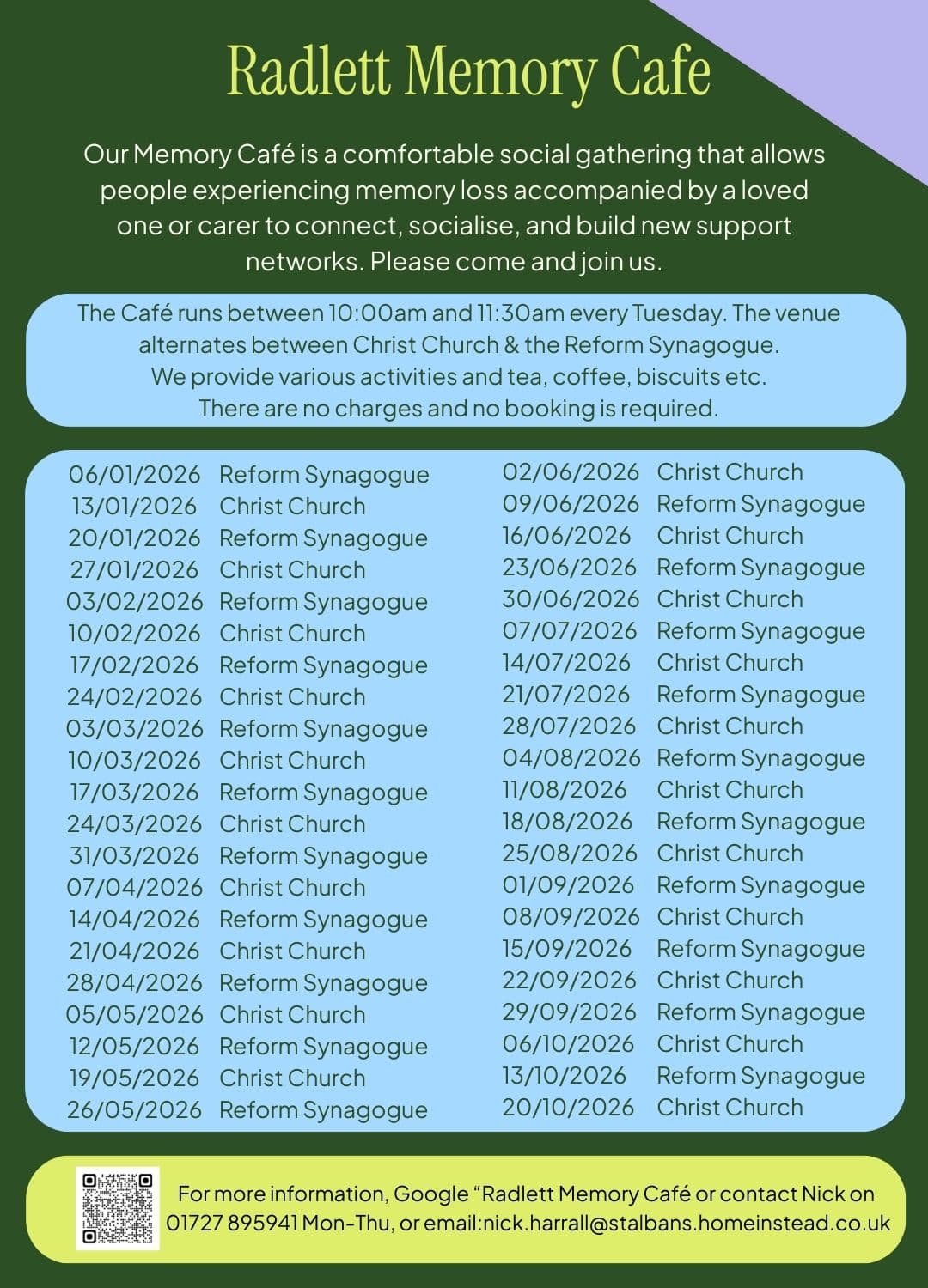 Flyer for Radlett Memory Café with dates, venues, details, and contact info on a green and blue background. - Home Instead