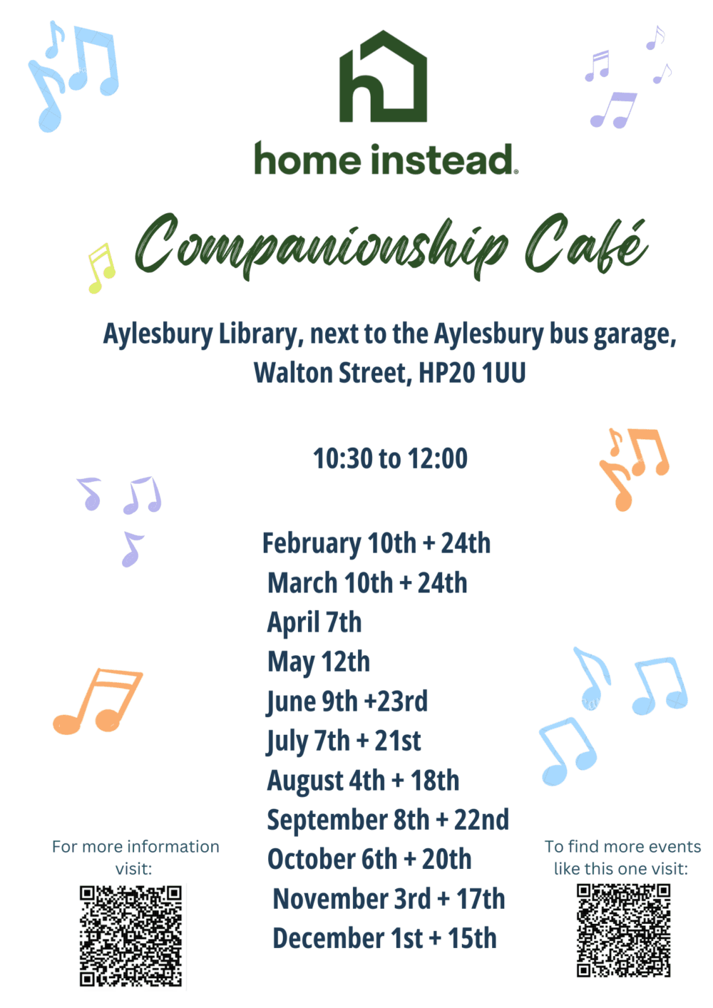 Poster for Companionship Café with dates, times, location, and musical notes, hosted by Home Instead. - Home Instead