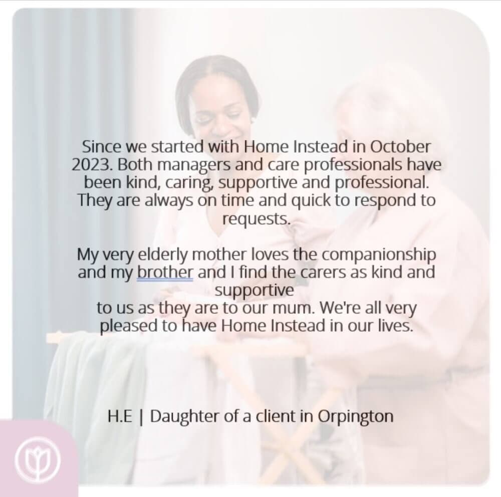 Testimonial text with blurred background image of two people. Home Instead logo at the bottom left. - Home Instead