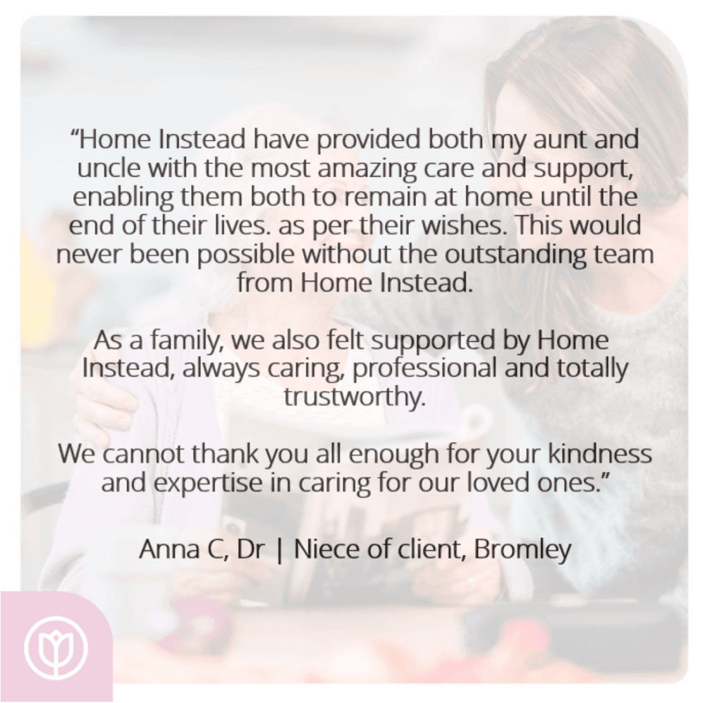 Testimonial text about Home Instead's care services, praising their support and professionalism in caring for loved ones. - Home Instead