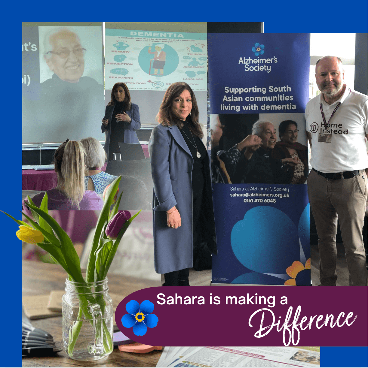 A woman and man stand by Alzheimer’s Society banners at an event, with "Sahara is making a Difference" text below. - Home Instead