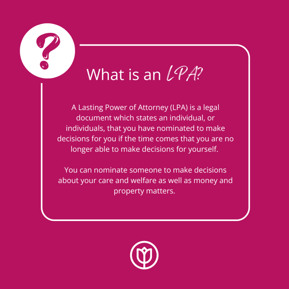 A written description of what a Lasting Power of Attorney (LPA) is on a pink background.