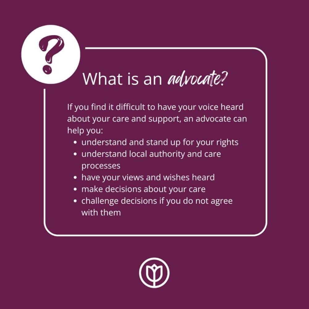 A purple graphic explaining what an advocate is and how they can help individuals. - Home Instead
