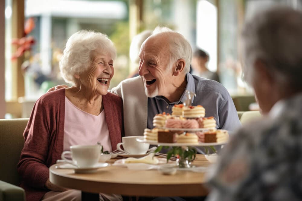 Elderly couple laughing and enjoying dessert together at a café. - Home Instead