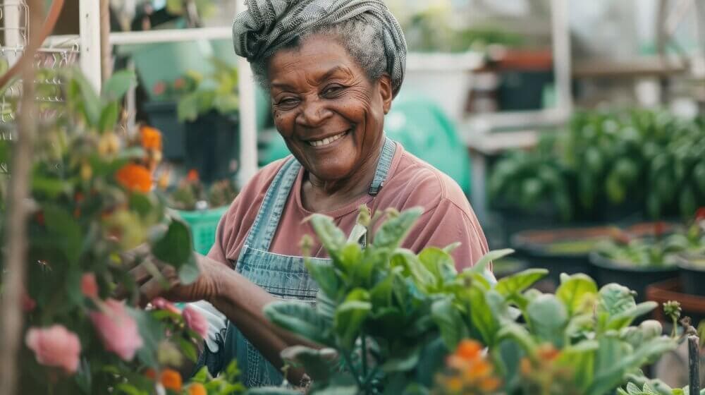Smiling elderly woman in overalls tending to vibrant plants and flowers in a greenhouse garden. - Home Instead