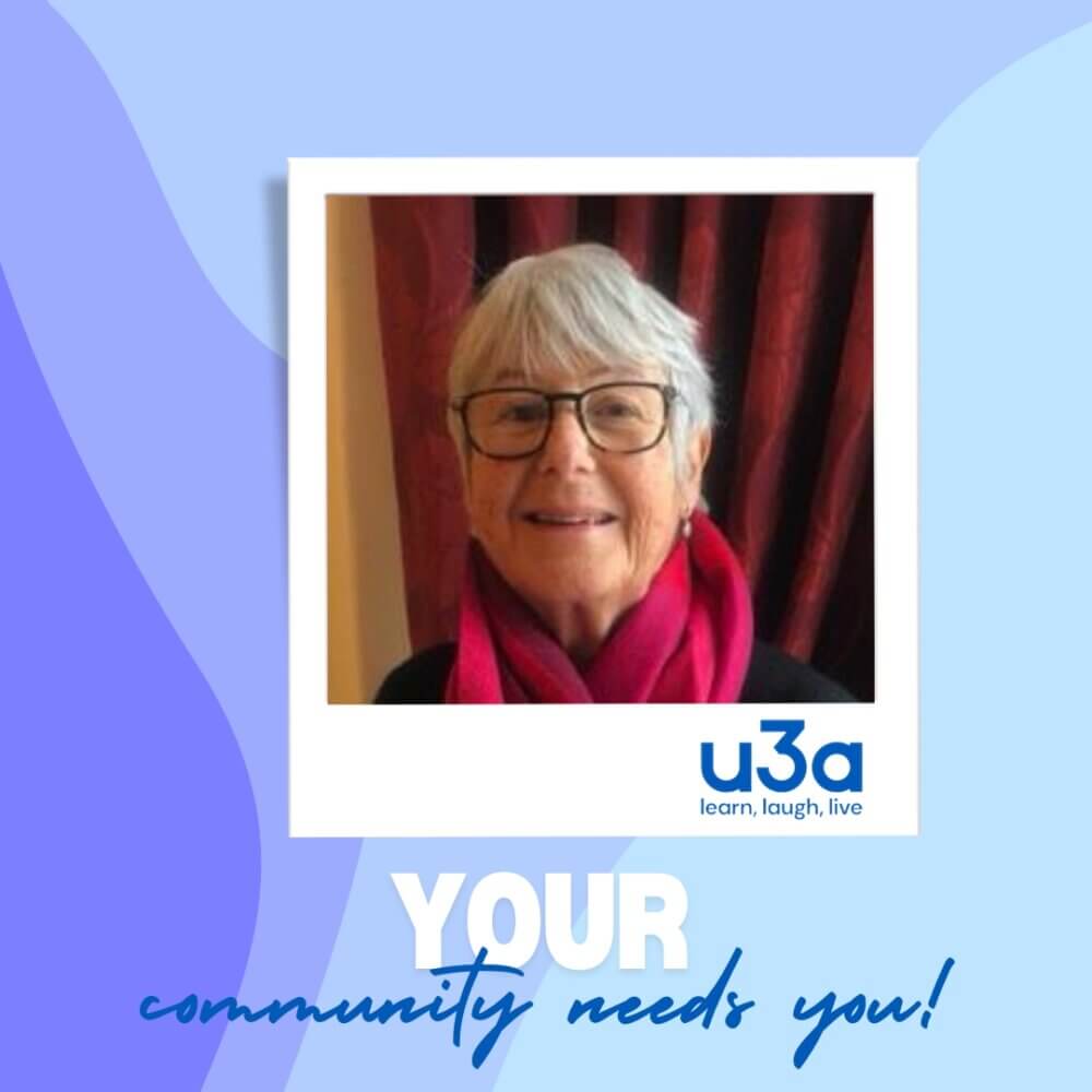 Older woman smiling with glasses and a red scarf, next to "U3A: learn, laugh, live" text and "Your community needs you!. - Home Instead