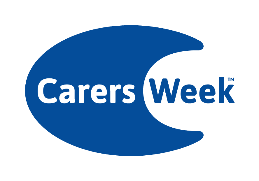Blue logo with the words "Carers Week" in white and dark blue, shaped like a crescent moon. - Home Instead
