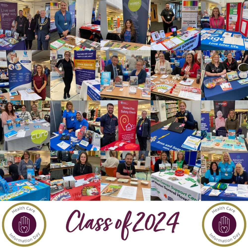 Collage of people at information booths for our healthcare information day, with "Class of 2024" written at the bottom. - Home Instead