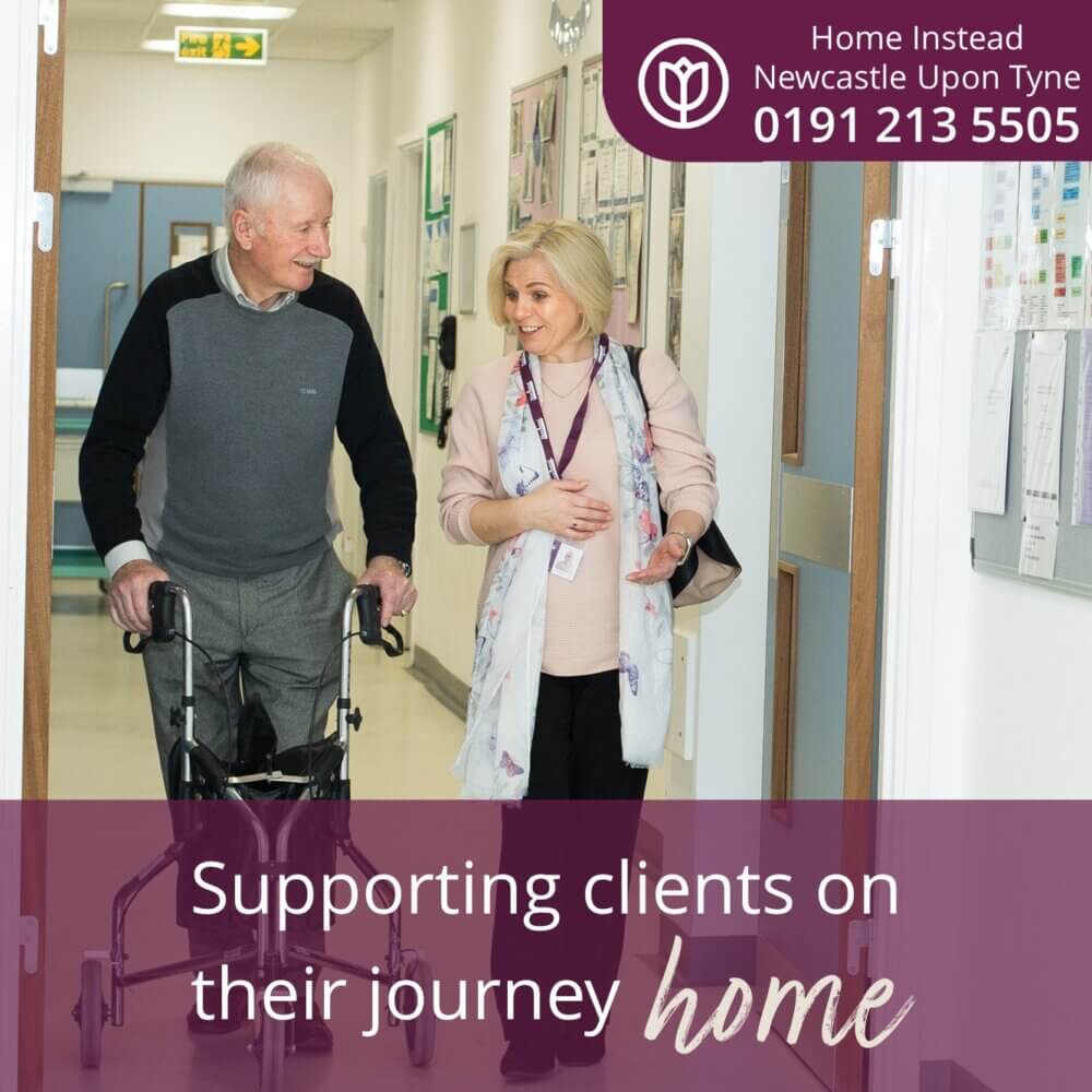 An elderly man with a walker is assisted by a caregiver in a hallway. Text reads: "Supporting clients on their journey home. - Home Instead