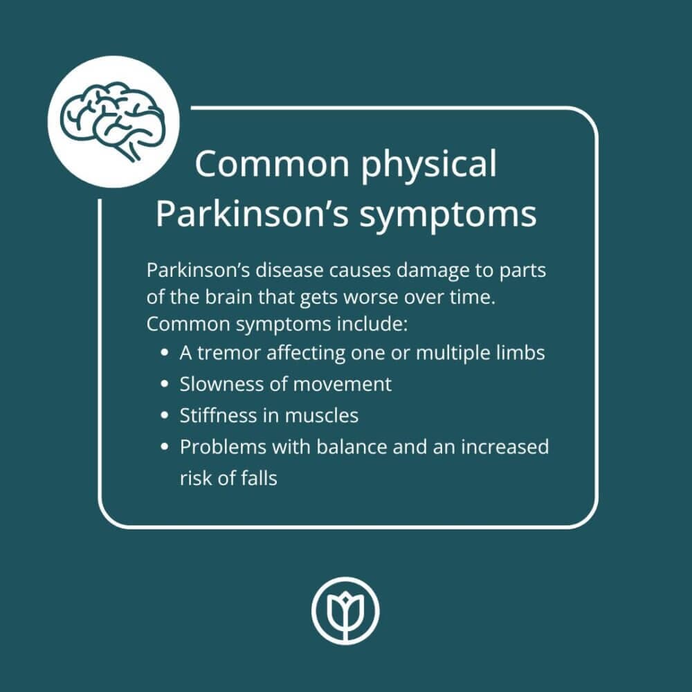 Infographic on common physical Parkinson's symptoms, including tremors, slow movement, stiffness, and balance issues. - Home Instead